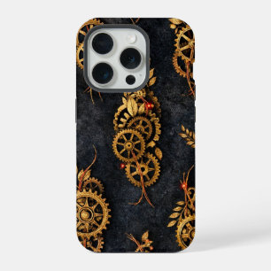Vintage Gouden Tandwielen & Rode Neon Mythic Cyber iPhone 15 Pro Case