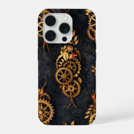 Vintage Gouden Tandwielen & Rode Neon Mythic Cyber iPhone 15 Pro Case