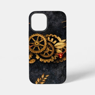 Vintage Gouden Tandwielen & Rode Neon Mythic Cyber iPhone 12 Mini Hoesje