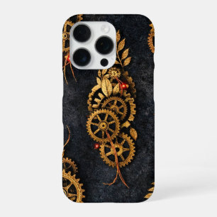 Vintage Gouden Tandwielen & Rode Neon Mythic Cyber iPhone 16 Pro Hoesje