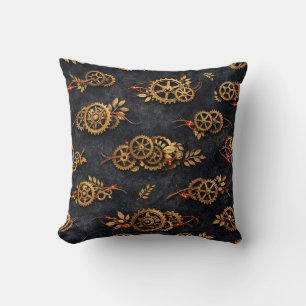 Vintage Gouden Tandwielen & Rode Neon Mythic Cyber Kussen