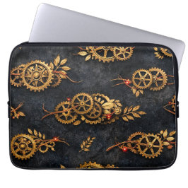 Vintage Gouden Tandwielen & Rode Neon Mythic Cyber Laptop Sleeve