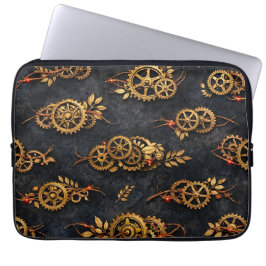 Vintage Gouden Tandwielen & Rode Neon Mythic Cyber Laptop Sleeve