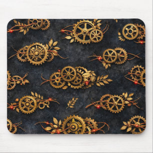 Vintage Gouden Tandwielen & Rode Neon Mythic Cyber Muismat