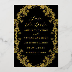 Vintage Gouden Zwarte Bloemige Trouw Save The Date Folie Uitnodiging