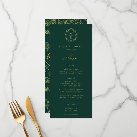 Vintage goudrust Monogram Floral Wedding Menu (Voorkant / Achterkant in situ)