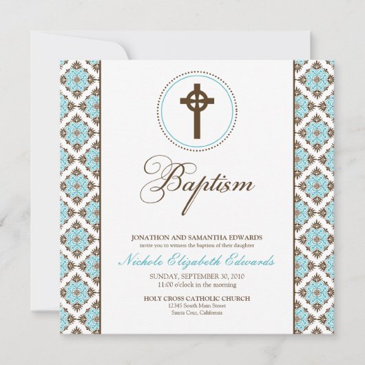 Vintage Grace Baptism Invitation (chocolade/aqua) Kaart (Voorkant)