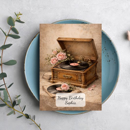 Vintage Grammofoon met Rozen Kaart