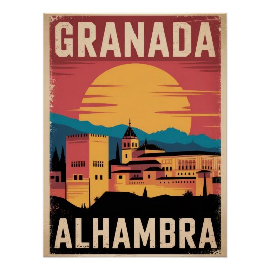 Vintage Granada Alhambra Travel Poster - Sunset (Voorkant)