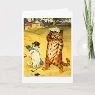 Vintage grappige golfkat en caddie-illustratie kaart