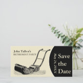VINTAGE Grasmaaier Pensioenfeestje Save the Date 2 (Staand voorkant)