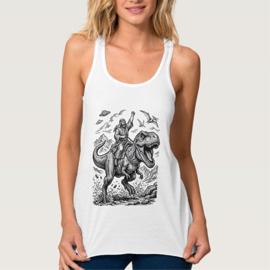 Vintage Gravure Dinosaurus Ruiter Grafisch T-shirt (Voorkant)