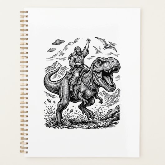 Vintage Gravure Dinosaurus Ruiter Grafisch T-shirt Planner (Voorkant)