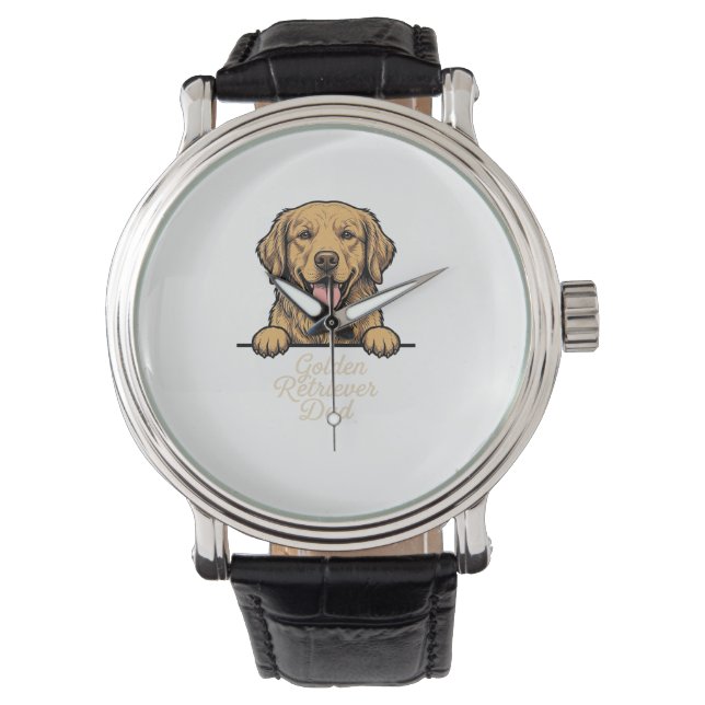 Vintage Gravure Gouden Retriever Vader Horloge (Voorkant)