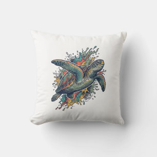 Vintage Gravure Zee Schildpad Spat Vector Design_ Kussen