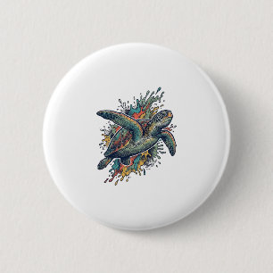 Vintage Gravure Zeeschildpad Spat Vector Design_ Ronde Button 5,7 Cm