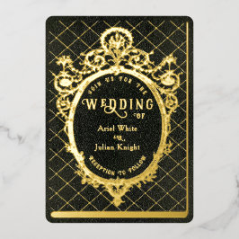 Vintage Green Bookish Ornate Frame Wedding Gold Folie Uitnodiging
