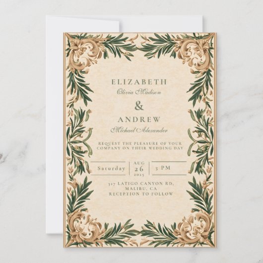 Vintage Green Botanical Wedding Kaart (Voorkant)