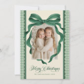 Vintage Green Bow Gingham Plaid Photo Christmas Feestdagenkaart (Voorkant)