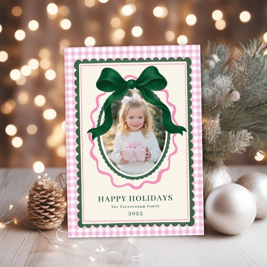 Vintage Green Bow Pink Plaid Christmas Photo Feestdagenkaart
