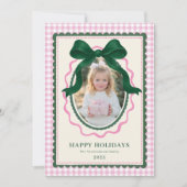 Vintage Green Bow Pink Plaid Christmas Photo Feestdagenkaart (Voorkant)