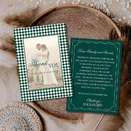 Vintage Green Checkered Old Money Photo Wedding Bedankkaart