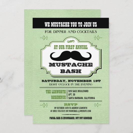 Vintage Green Mustache Bash Kaart (Voorkant / Achterkant)