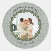 Vintage Green Plaid Christmas Photo Ronde Sticker (Voorkant)