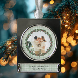 Vintage Green Plaid Photo Christmas Verzilverd Banner Ornament