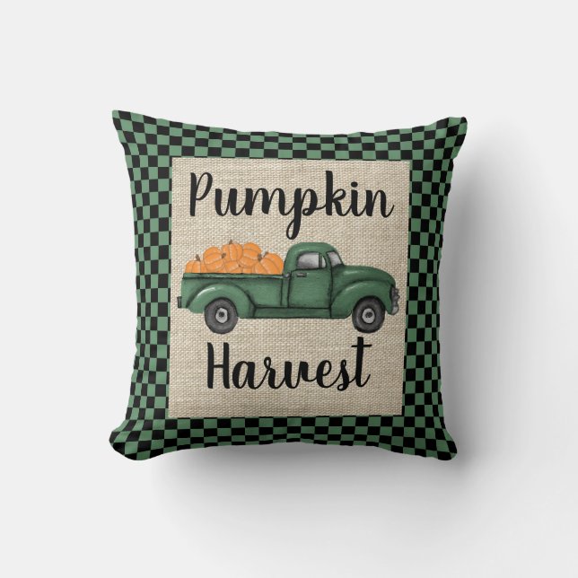 Vintage Green Pumpkin Truck Sierkussen (Voorkant)