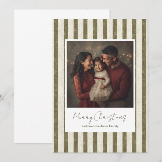 Vintage Green Stripes Christmas Card - 1 photo Bedankkaart (Voorkant / Achterkant)