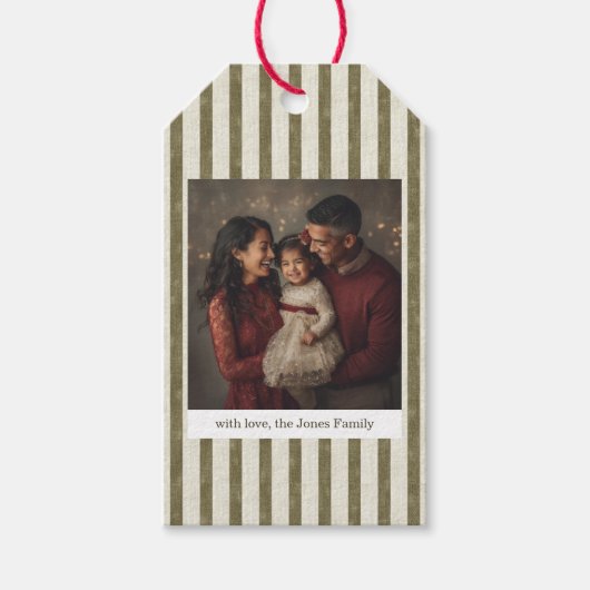 Vintage Green Stripes Christmas Photo Gift Tag Cadeaulabel (Voorkant)