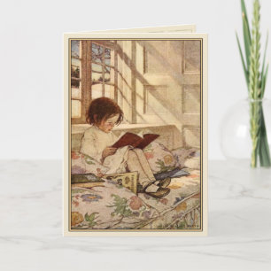 Vintage Greeting Card with Sweet Girl Reading Kaart