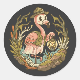 Vintage Griezelen Moeras Flamingo Ontwerp Ronde Sticker