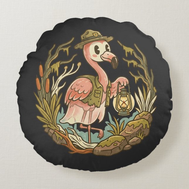 Vintage Griezelflamingo Moeras Design Rond Kussen (Voorkant)