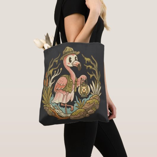 Vintage griezelige moerasflamingo ontwerp tote bag (Dichtbij)
