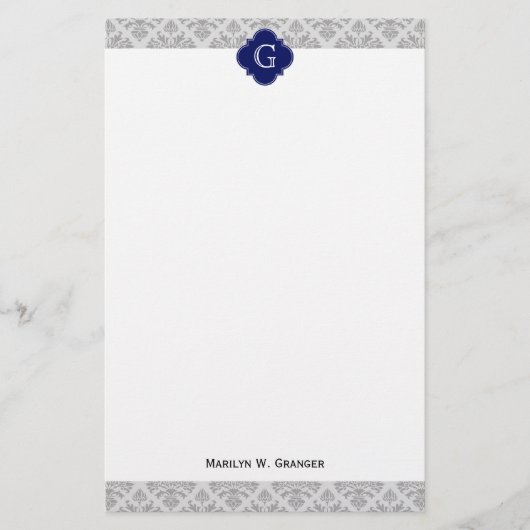Vintage Grijs op Grijs Damast #3 Monogram Briefpapier (Voorkant)