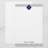 Vintage Grijs op Grijs Damast #3 Monogram Briefpapier (Voorkant / Achterkant)