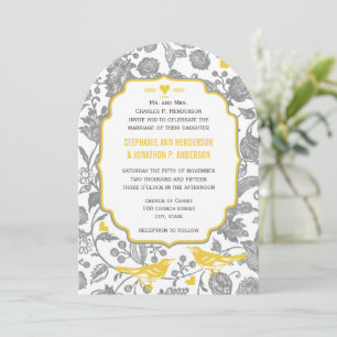 Vintage grijze en gele bloemige Love Bird-huwelijk Kaart