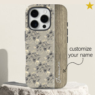 Vintage grijze lente bloemen houten custom naam  iPhone 16 pro hoesje