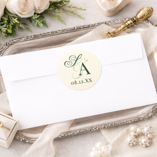 Vintage groen en ivoor oud geld monogram trouw- ronde sticker