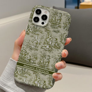 Vintage groen grijs toile de jouy bedrukt iPhone 16 hoesje