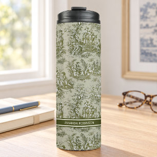 Vintage groen grijs toile de jouy gedrukt thermosbeker