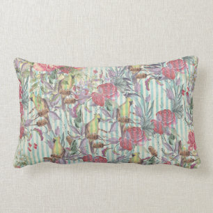 Vintage groene roze grunge strepen vogel bloemig kussen