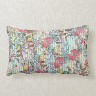 Vintage groene roze grunge strepen vogel bloemig kussen