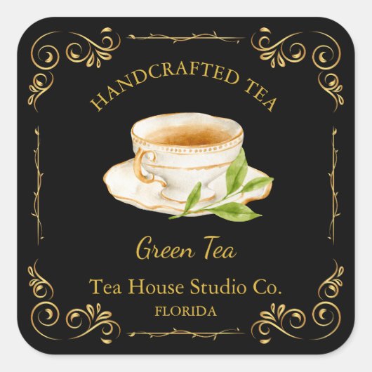 Vintage groene thee vierkante label (Voorkant)