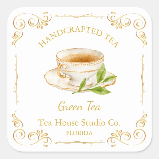 Vintage groene thee vierkante label (Voorkant)