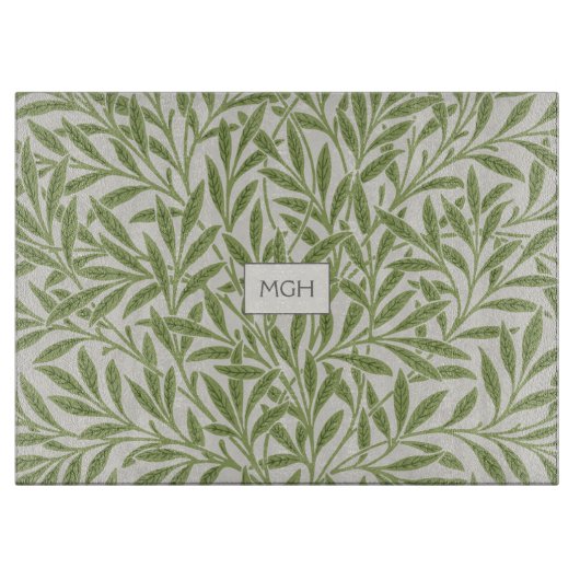 Vintage Groene Wilgenbladeren Monogram Snijplank (Voorkant)