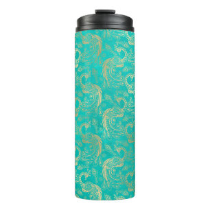 Vintage Grunge Turquoise en Gouden Pauw Thermosbeker