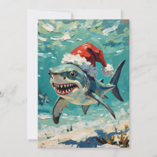 Vintage Haai met Kerstman Hoed Kerst Kunst Feestdagenkaart